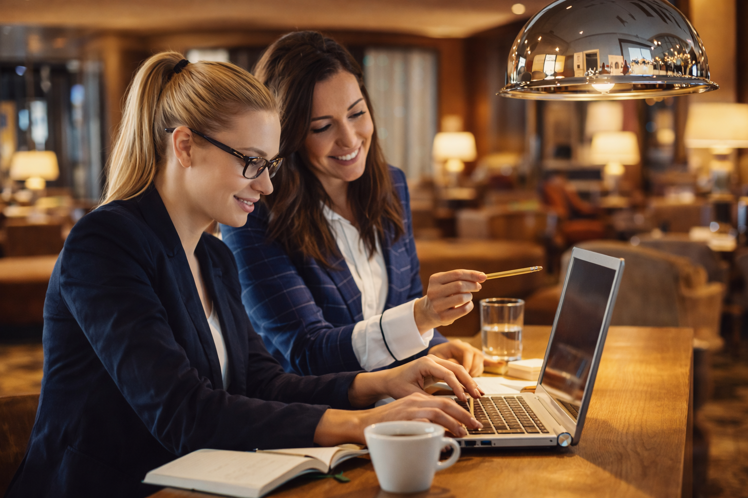 Zwei Frauen arbeiten gemeinsam an einem Laptop in einem stilvollen Café, umgeben von gemütlicher Atmosphäre und Getränken.