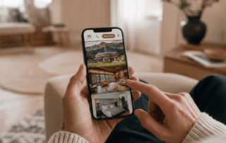 Eine Person schaut auf ihrem Smartphone Bilder von Hotelzimmern und Landschaften, während sie in einem modernen Wohnraum sitzt.